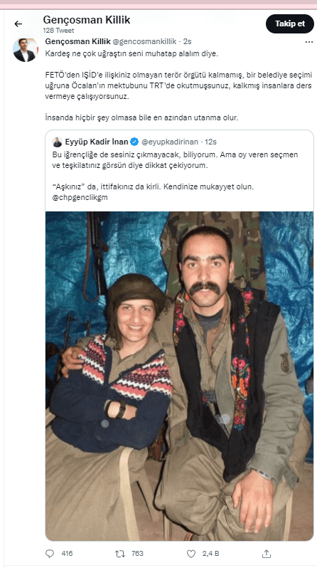 CHP'li Gençosman Killik’ten AKP'li isme FETÖ, IŞİD ve 'Öcalan'ın mektubu' hatırlatmalı terör yanıtı - AKP Gençlik Kolları Başkanı Eyüp Kadir İnan'ın CHP'ye yönelttiği suçlamalara CHP Gençlik Kolları genel Başkanı Gençosman Killik sosyal medya hesabından dikkat çeken bir yanıt verdi.