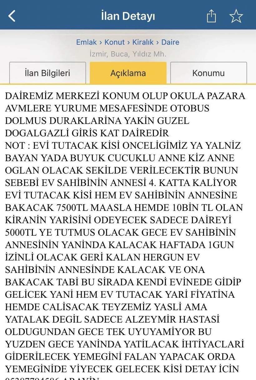 Evini kirala üstüne para al! Şaka değil ilan halen yayında... - İzmir'in Buca ilçesinde verilen bir kiralık ev ilanı görenleri şaşkına çevirdi. Ev sahibinin ilanın 'açıklama' kısmına yazdıkları resmen şoke etti.... İşte o ilan.