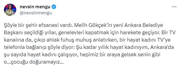 Gökçek ve Mengü'den 'Genelev' kavgası! - Sosyal medya üzerinden gazeteci Nevşin Mengü ile eski Ankara Büyükşehir Belediye Başkanı Melih Gökçek arasında hoş olmayan bir atışma yaşandı.